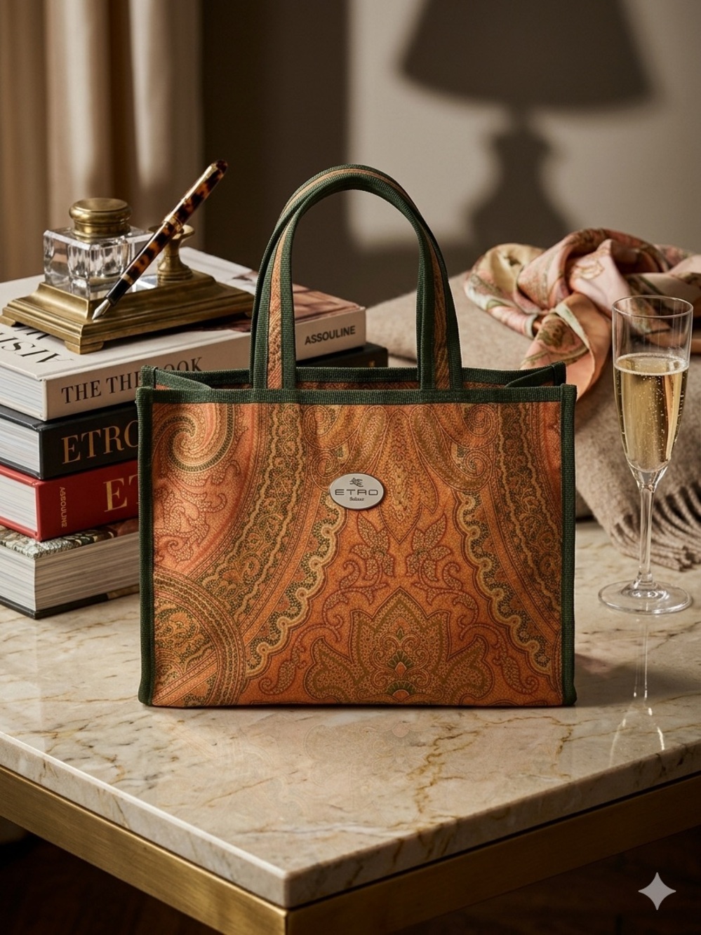 Etro Orange Paisley Tote with Dark Green Trim